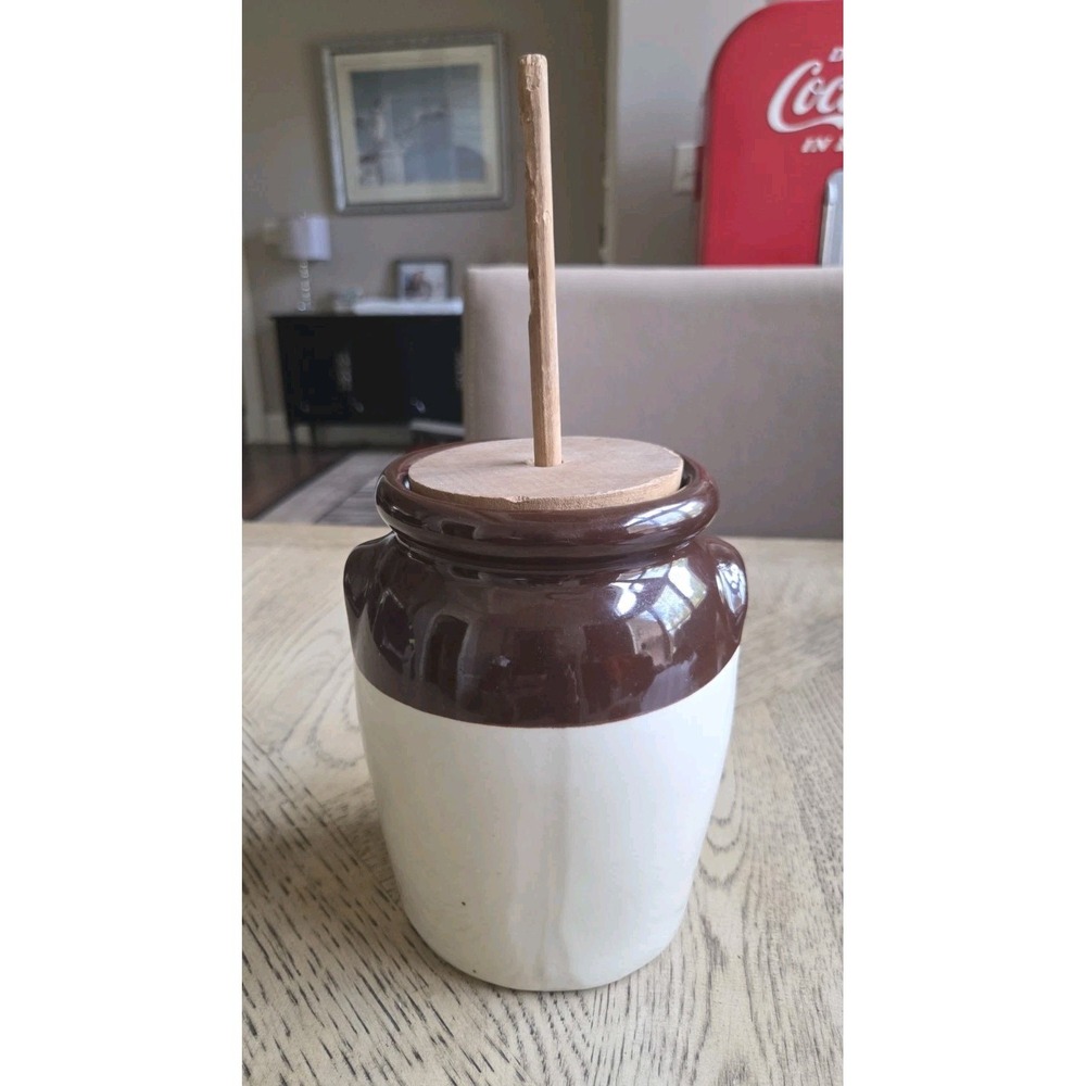 Vintage Small Butter Churn Stoneware Brown & Cream 2 Handles Wood Lid & Dasher